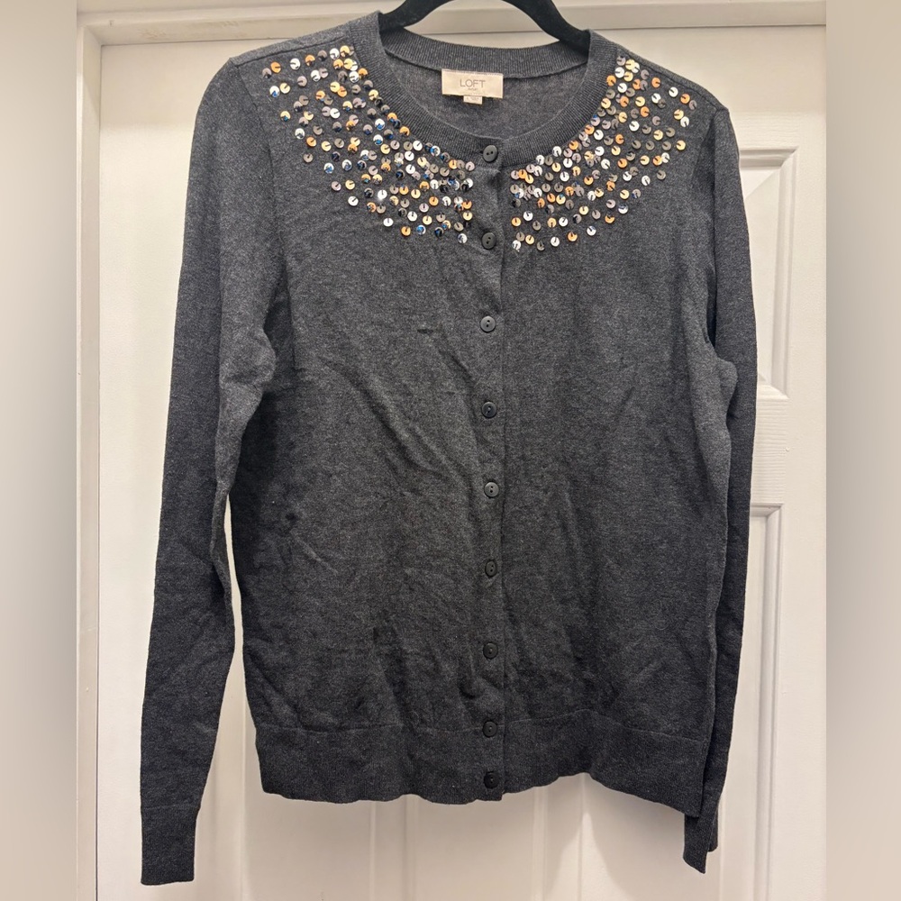 Loft | Gray Cardigan Sweater with Gold and Silver Sequins